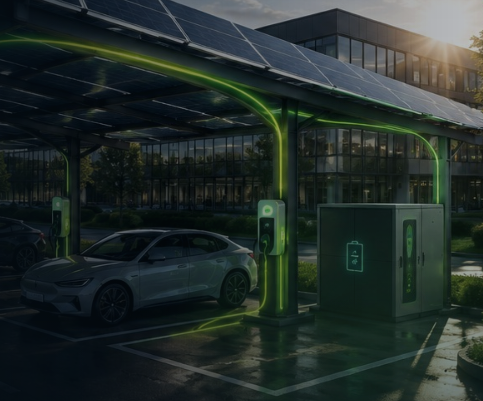 Przykładowa wizualizacja carportu fotowoltaicznego EnergoParking z ładowarką samochodową i magazynem energii na parkingu firmowym